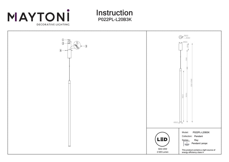 Maytoni Ray 1L hanglamp, zwarte LED D 3cm