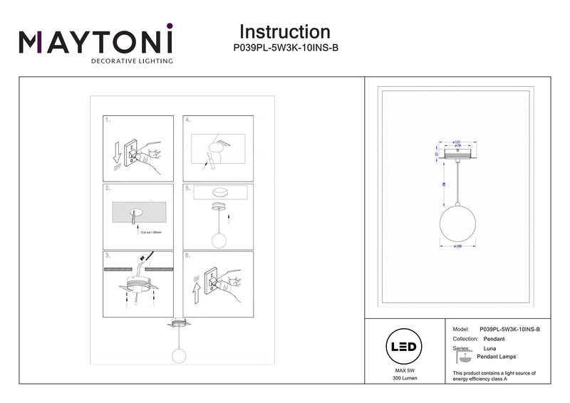 Maytoni Luna 1L suspension, noir LED D 10cm