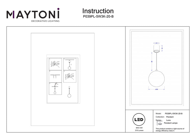 Maytoni Luna 1L riippuvalaisin, musta LED D 20cm