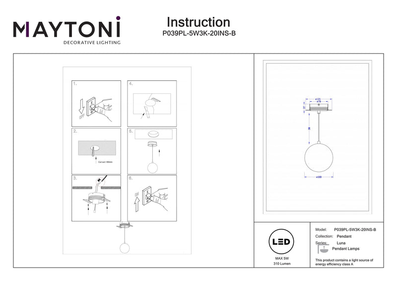 Maytoni Luna 1L suspension, noir LED D 20cm