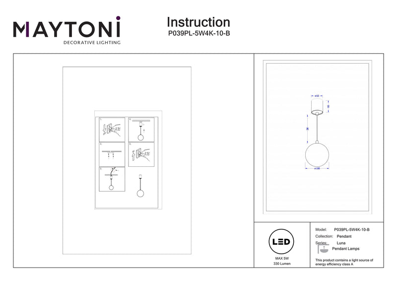 Maytoni Luna 1L Pendelleuchte, schwarze LED D 10cm