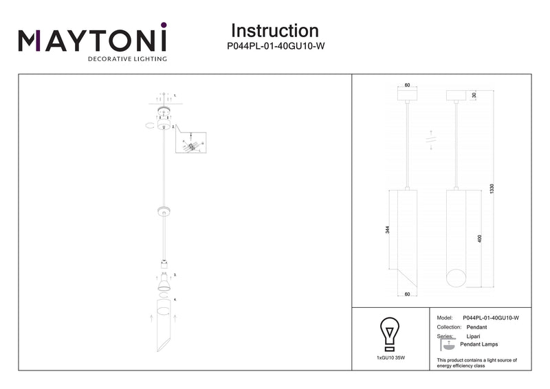 Maytoni Lipari 1L hanglamp, wit GU10 D 6cm