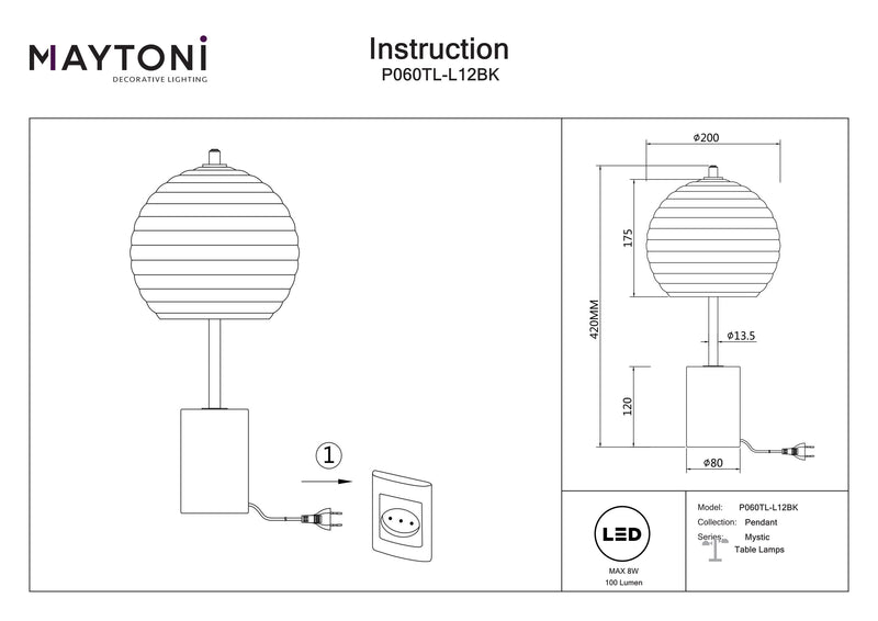 Maytoni Mystic 1L bordlampe, sort LED D 20cm