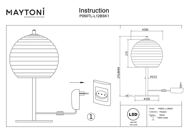 Maytoni Mystic 1L bordlampe, sort LED D 20cm