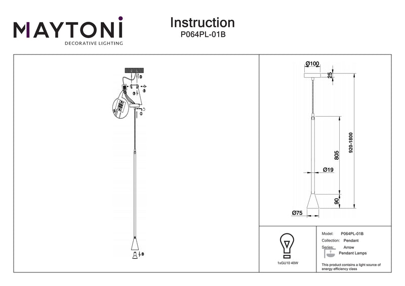 Maytoni Arrow 1L pendant lamp GU10 H 89.5cm