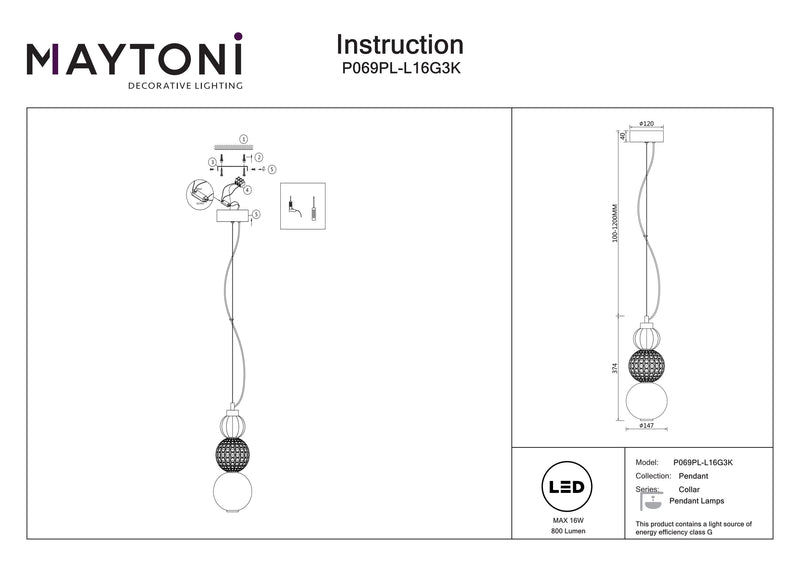 Maytoni Collar 1L pendel, guld LED D 14,7cm