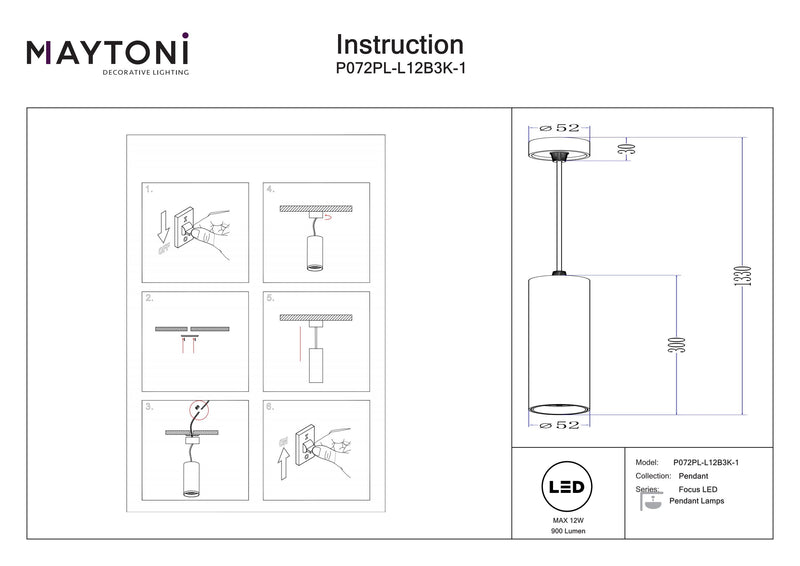 Maytoni Focus LED 1L pendant lamp, black LED D 5.2cm