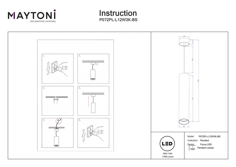 Maytoni Focus LED 1L loft pendel spot, sort LED D 5,2cm