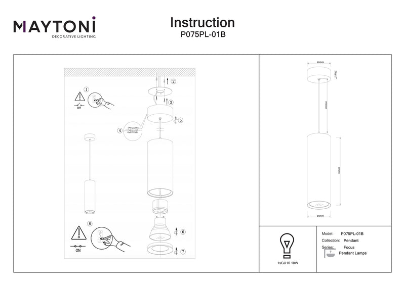 Maytoni Focus 1L loft pendel spot, sort GU10 D 6cm