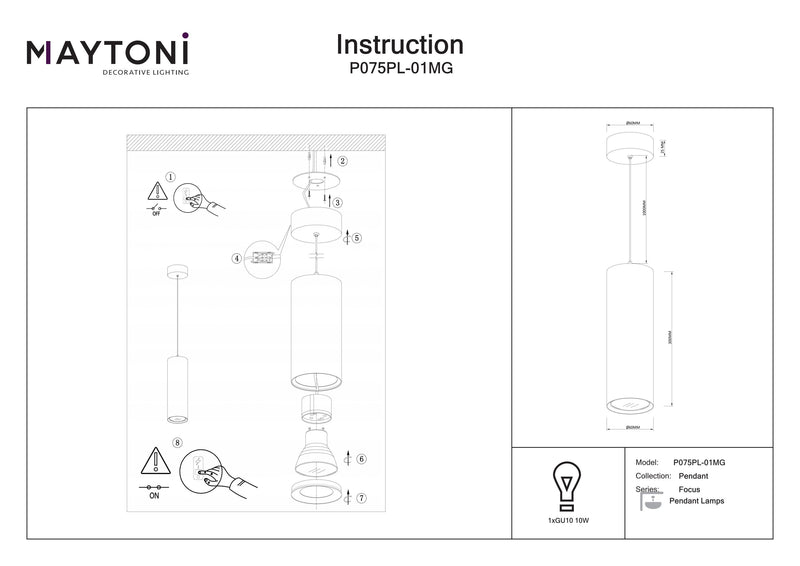 Maytoni Focus 1L pendant lamp, black GU10 D 6cm