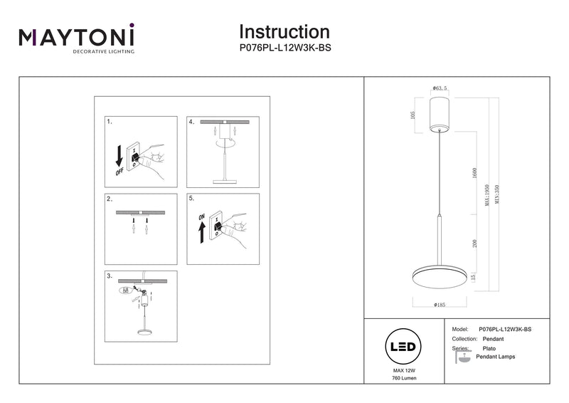 Maytoni Plato 1L pendel, sort LED D 18,5cm