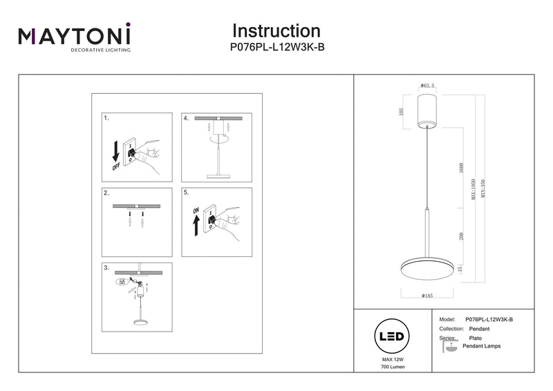 Maytoni Plato 1L riippuvalaisin, musta LED D 18,5cm