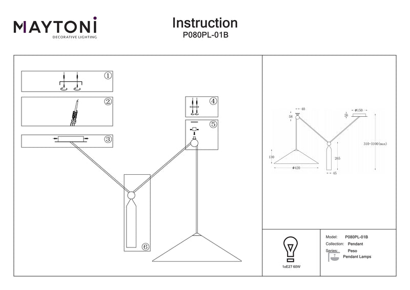 Maytoni Peso 1L suspension, noir E27 D 42cm