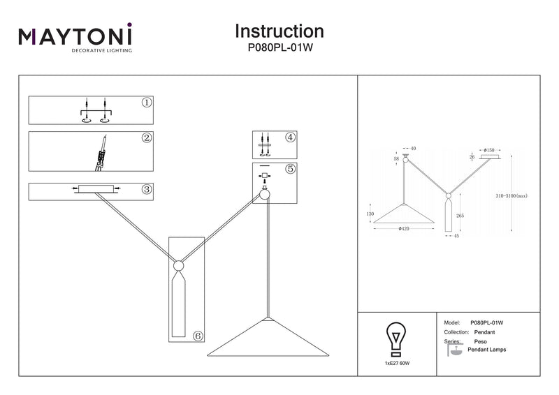 Maytoni Peso 1L suspension, noir E27 D 42cm