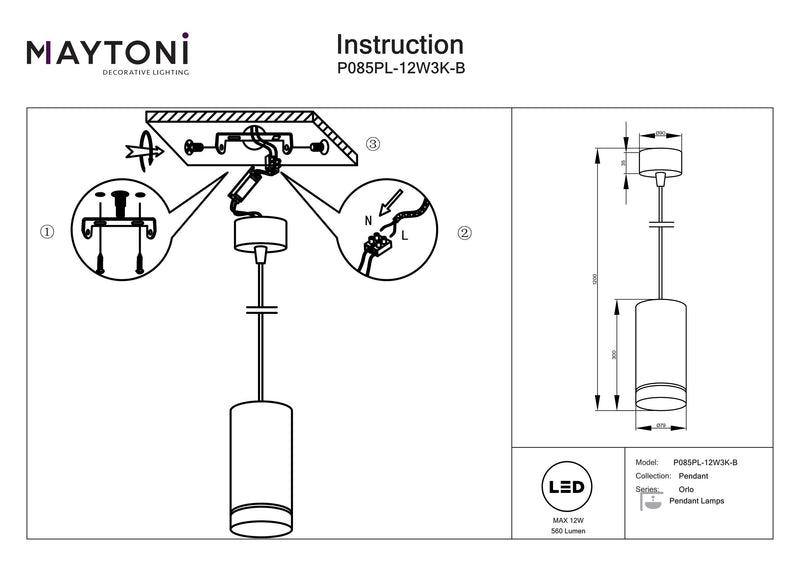 Maytoni Orlo 1L loft pendel spot, sort LED D 7,9cm