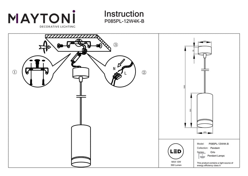 Faretto a sospensione da soffitto Maytoni Orlo 1L, LED nero D 7,9 cm