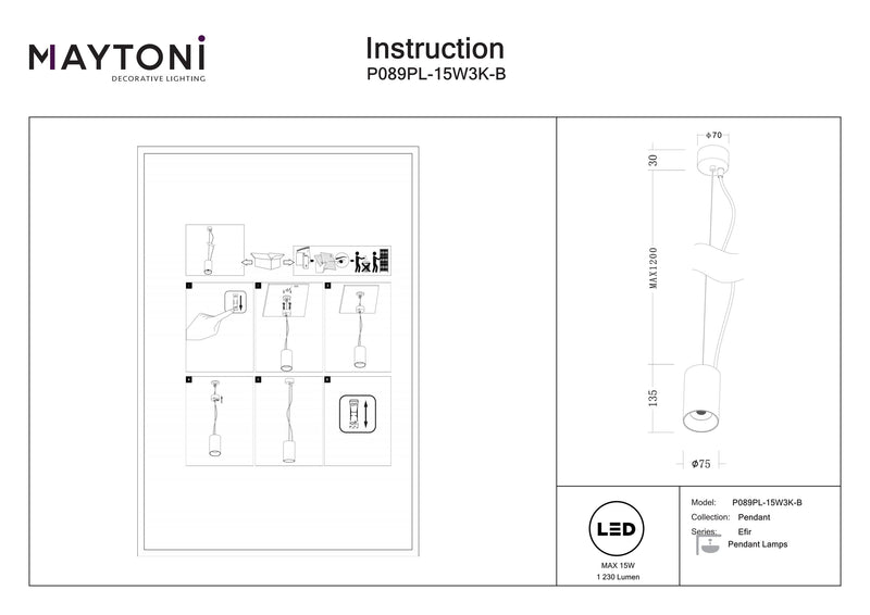 Maytoni Efir 1L Deckenpendelstrahler, schwarze LED D 7,5 cm