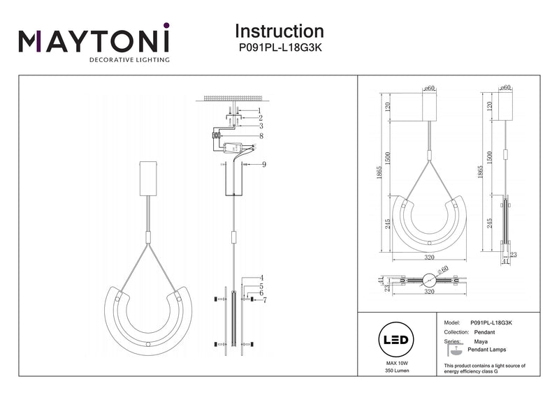 Maytoni Maya 1L pendant lamp, gold LED H 186.5cm