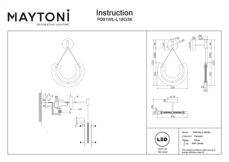 Maytoni Maya 1L wall sconce lamp, gold LED H 133.1cm