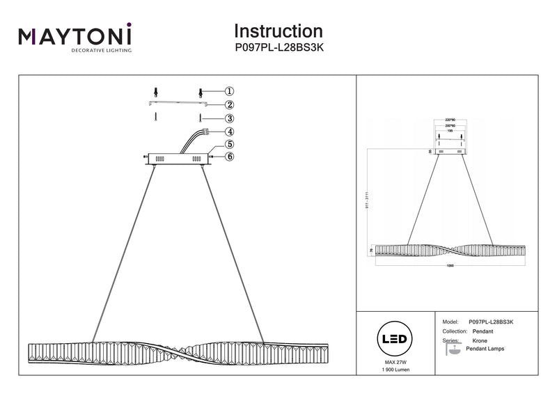 Maytoni Krone 1L lineare Hänge-Deckenleuchte, Messing-LED H 311,1 cm