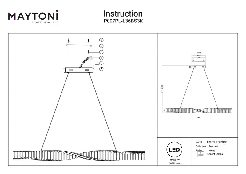 Maytoni Krone 1L lineaire pendelplafondlamp, messing LED H 311,1 cm