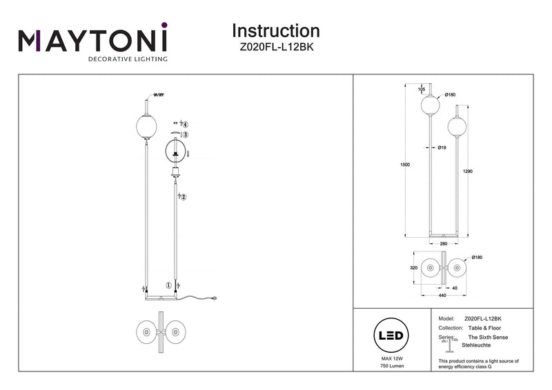 Lampada da terra Maytoni The Sixth Sense 2L, LED nero D 18cm