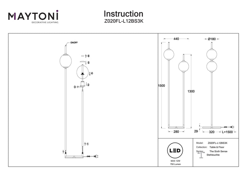 Maytoni The Sixth Sense 2L vloerlamp, zwarte LED D 18cm