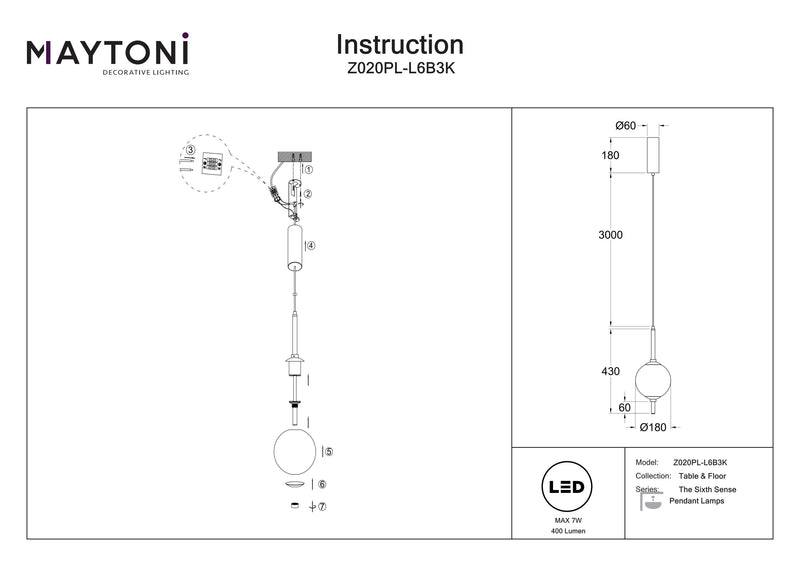 Maytoni The Sixth Sense 1L pendel, sort LED D 18cm