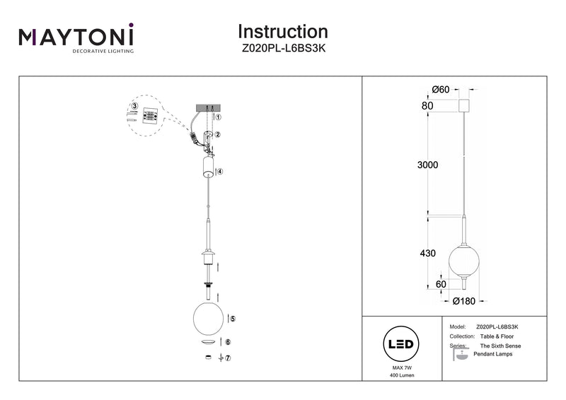 Maytoni The Sixth Sense 1L pendel, sort LED D 18cm