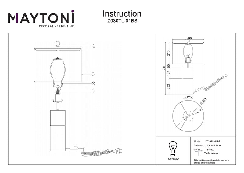 Lámpara de mesa Maytoni Bianco 1L, latón E27 P 39cm