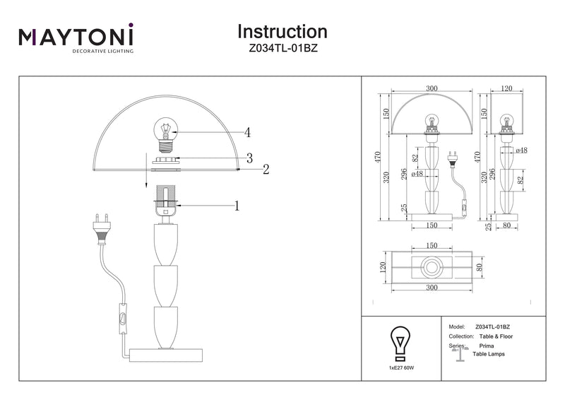 Maytoni Prima 1L bordlampe, messing E27 H 47cm