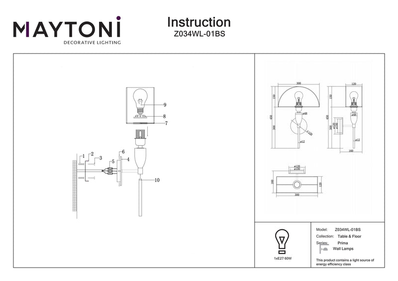 Maytoni Prima 1L aplique de pared, latón E27 Alt. 45cm