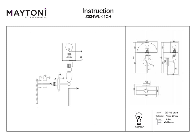 Maytoni Prima 1L aplique de pared, latón E27 Alt. 45cm