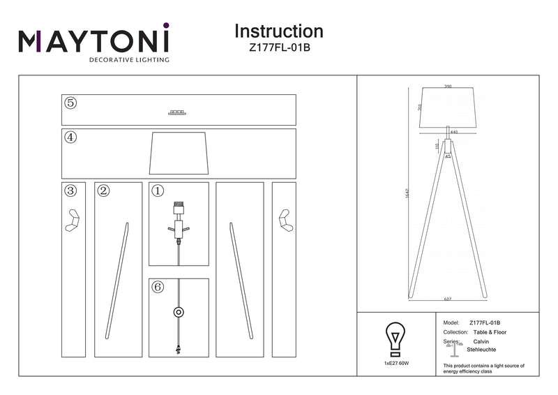 Maytoni Calvin 1L lampadaire, noir E27 D 44cm