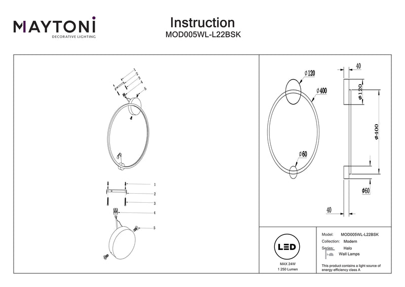 Lampada da parete Maytoni Halo 1L, ottone LED D 40cm