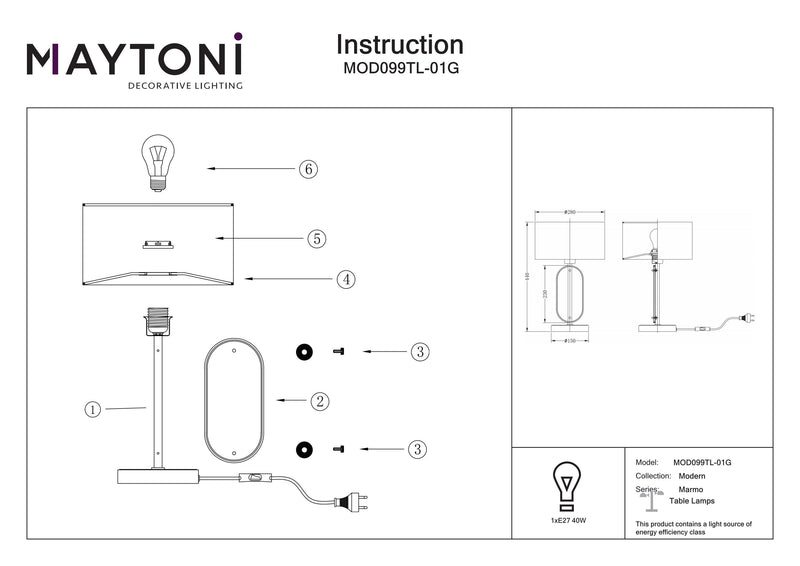 Lampe de table Maytoni Marmo 1L, or E27 D 28cm