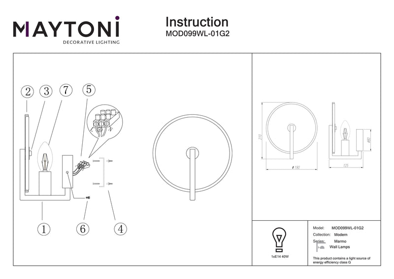 Maytoni Marmo 1L seinävalaisin, kulta E14 D 19cm