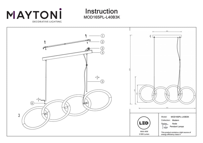 Maytoni Node 4L linear suspension ceiling lamp, black LED H 120cm