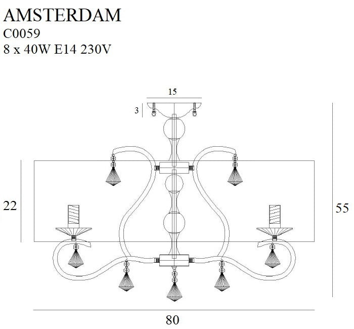 Maxlight Amsterdam 8L kroonluchter, chroom D 80cm