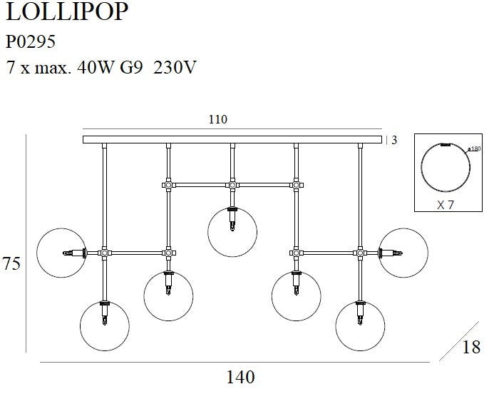 Maxlight Lollipop 7L linear suspension lamp G9, L 140cm