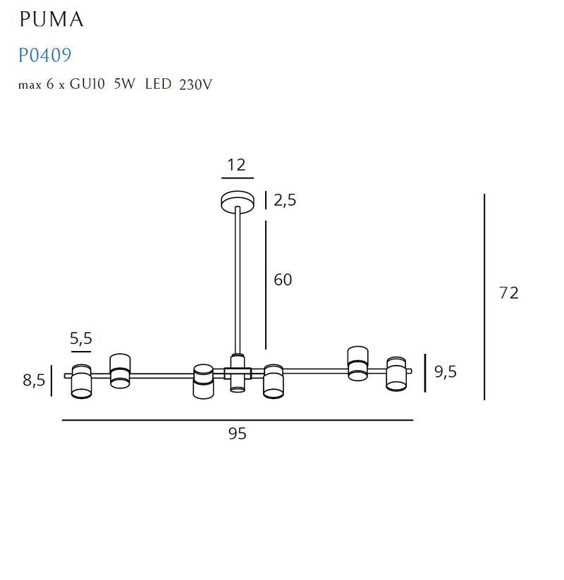 Maxlight Puma 6L monorail lamp W 95cm