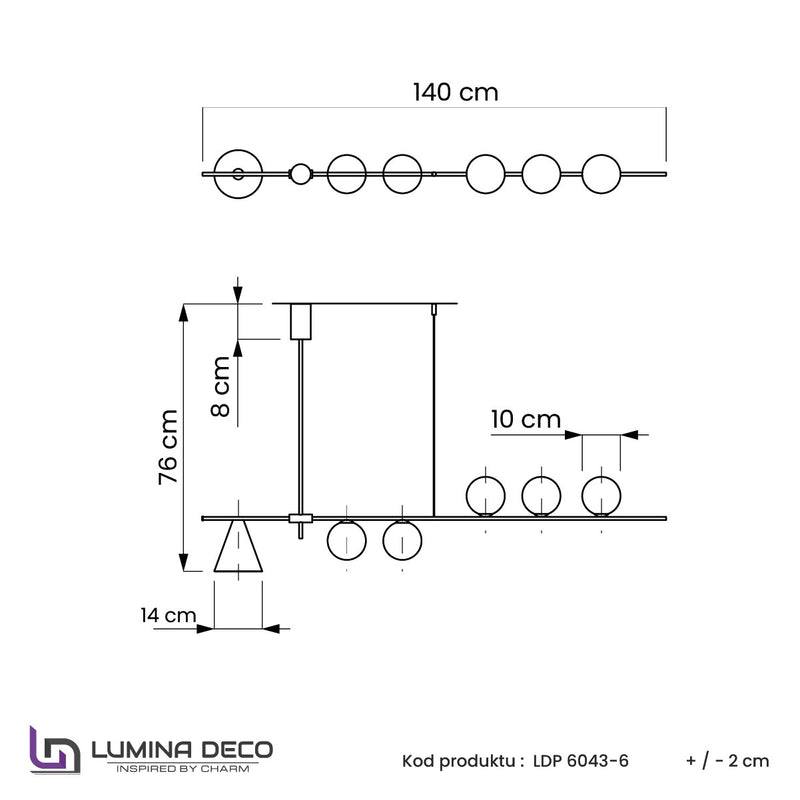 Lumina Deco Renzo 6L linear suspension ceiling lamp E27 / G9, W 140cm