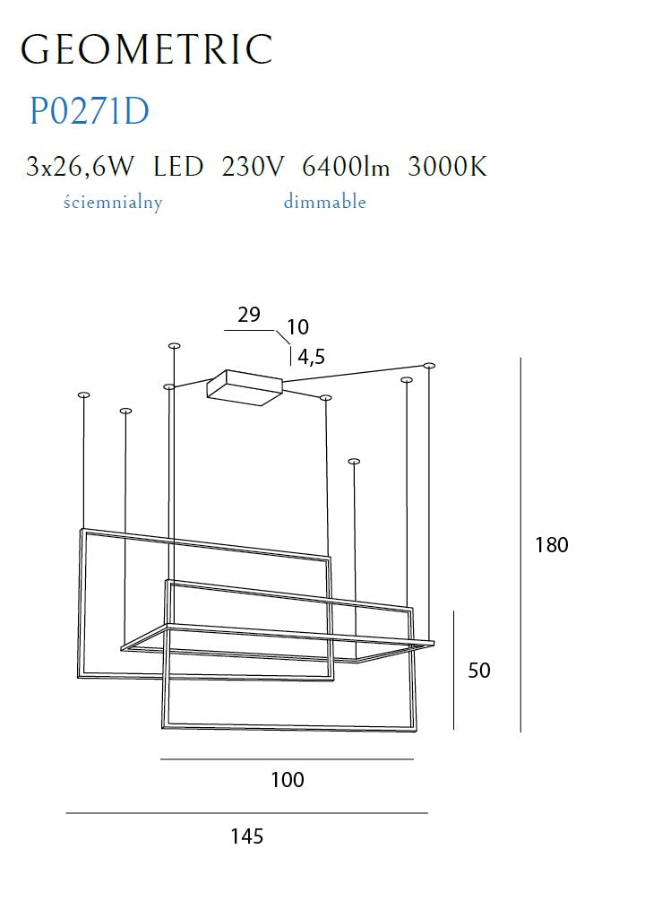 Lampe à suspension linéaire Maxlight Géométrique 3L LED, L 145cm