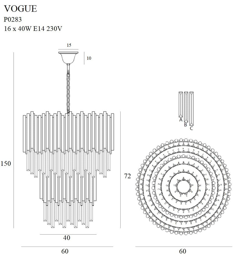 Lampadario Maxlight Vogue 16L E14, D 60cm, cristallo