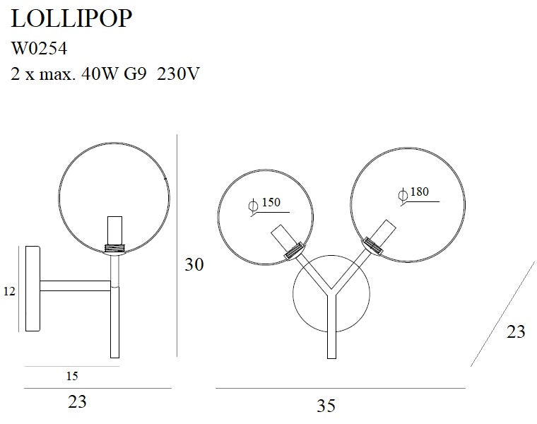 Maxlight Lollipop 2L wall sconce lamp G9, H 30cm