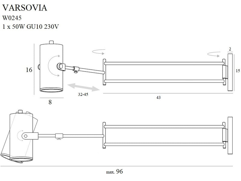 Maxlight Varsovia 1L reading swing wall lamp GU10, gold