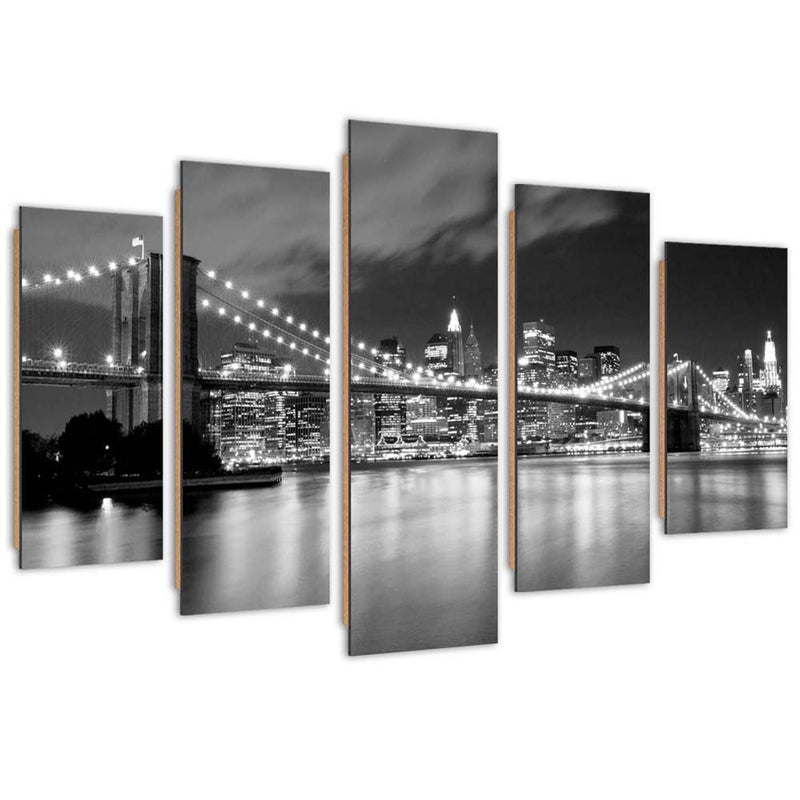 Five piece picture deco panel, Brooklyn bridge at night black and white