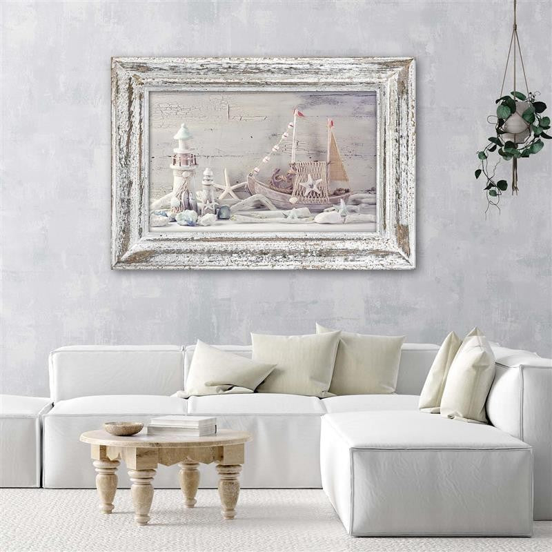 Canvas print, Seaside souvenirs in a shabby chic wooden frame
