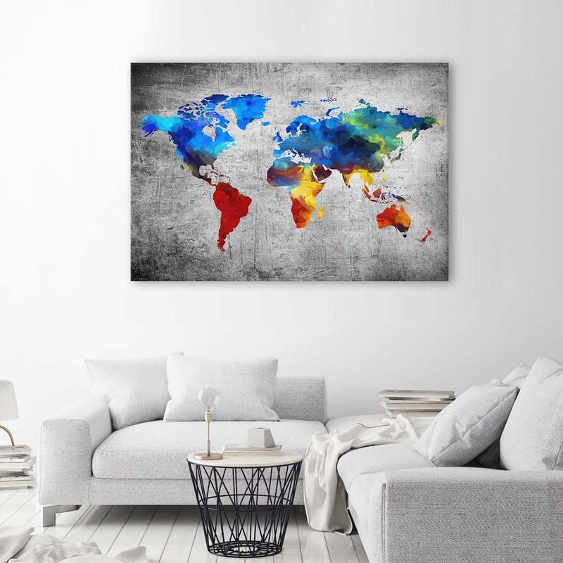 Cuadro decorativo, mapa del mundo pintado sobre hormigón