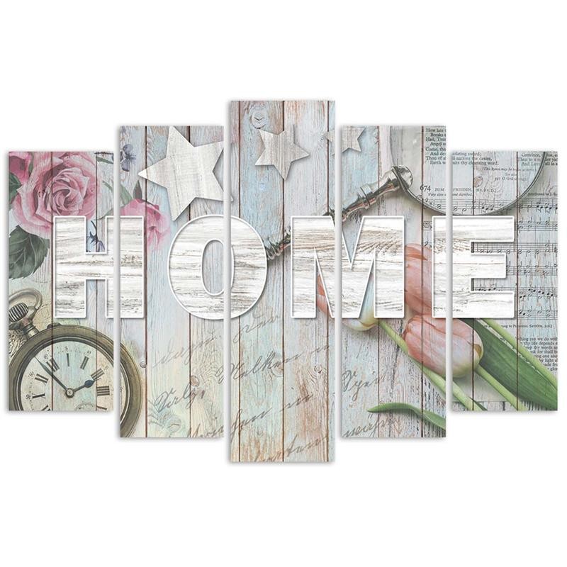 Five piece picture canvas print, Home plate in grey wood and flowers